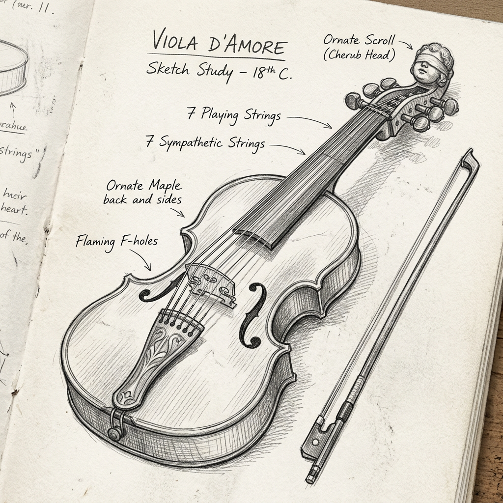 Pencil sketch of an 18th century Viola d'Amore with labeled parts and musical strings